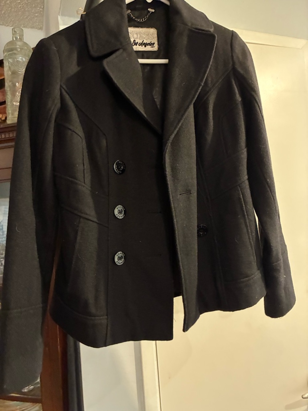 Guess Black Double-Breasted Wool Pea Coat